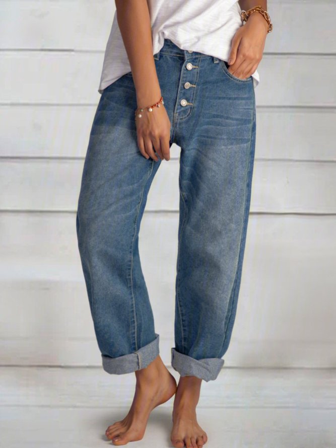 Women's Blue Casual Buttoned Basic Jeans