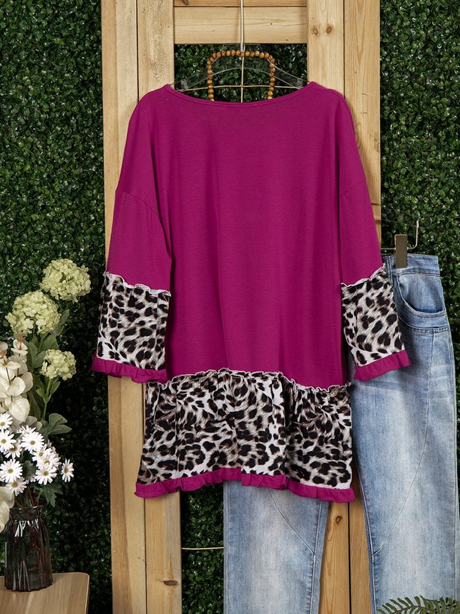 Red Cotton-Blend Crew Neck Casual Leopard print Shirt & Top
