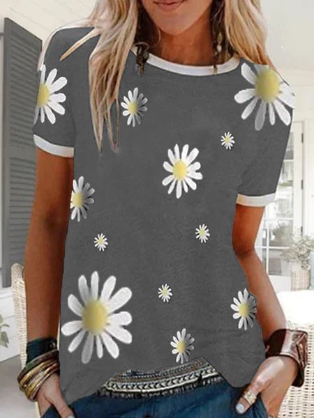 Black Cotton Round Neck Casual Printed T-shirt