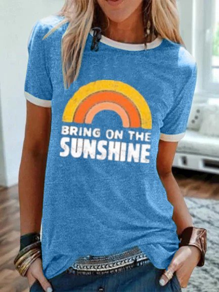 Vintage Bring On The Sunshine Rainbow Letter Printed Plus Size Short Sleeve Casual Top