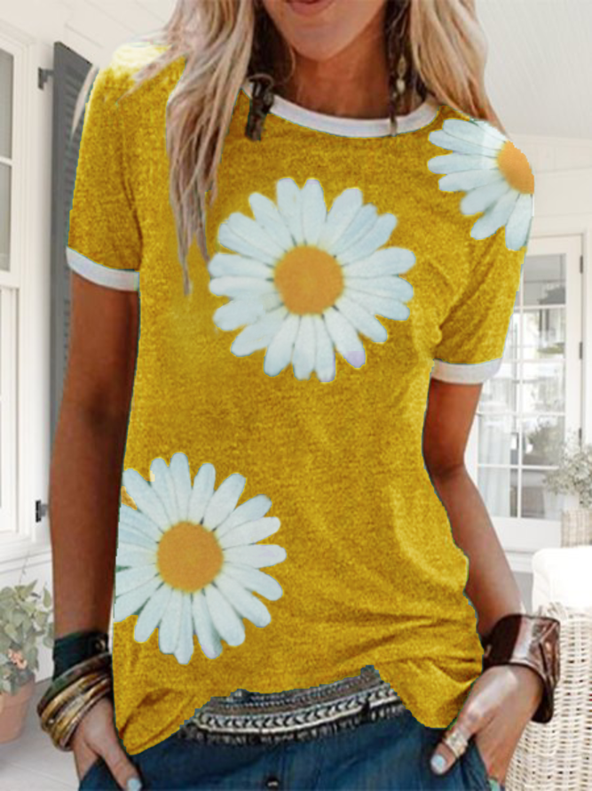 Women Plus size Short Sleeve Daisy Casual T-Shirts Tops