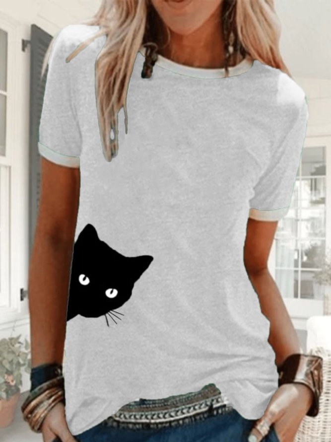 Women Cat-Print Casual Crew Neck Green T-Shirts Tops