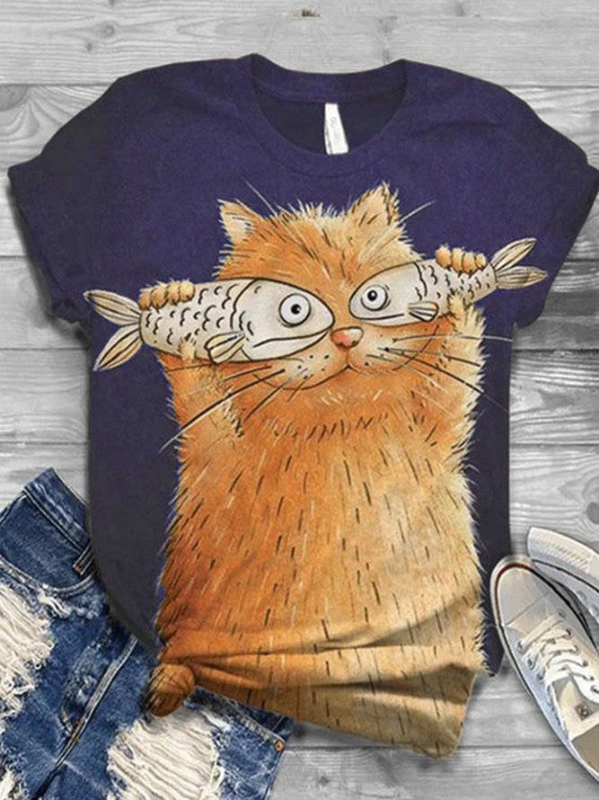 Women Plus Size Animal Cat Printed Casual Crew Neck Shirt & Top