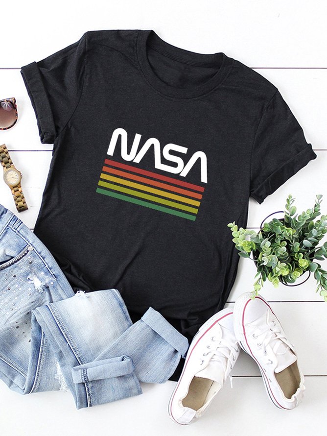 NASA Logo Rainbow Color Printed Round Neck Cotton T-shirt | Women ...