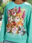 Casual Cat Crew Neck Loose Floral Sweatshirt