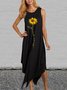 Sunflower Printed Crew Neck Casual Sleeveless A-line Black Dress