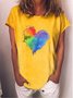 Women Heart Printed Short Sleeve Cotton Yellow T-Shirt Top