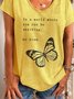 Butterfly Printed Casual V Neck Cotton Yellow T-Shirt & Top