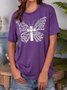 Women Butterfly Printed Tee Casual Short Sleeve Purple Summer T-shirt