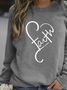 Women Faith Heart Printed Crew Neck Long Sleeve Gray Sweatshirt Top