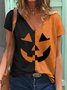 Women's Halloween Pumpkin Print V Neck T-shirt Pumpkin Top