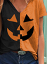 Women's Halloween Pumpkin Print V Neck T-shirt Pumpkin Top