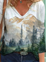 Women's Mountain Landscape Printed V-Neck Long Sleeve T-shirts