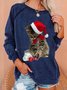 Kitten With Christmas Hat Cartoon Print Round Neck Long Sleeve Top