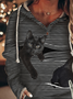 Black Cat Print Striped Women Hoodie Sweatshirt