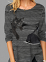 Black Cat Print Women Striped Crew Neck Tshirt