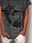 Black Stripe Cat Print Women Tshirt Crew Neck Top