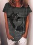 Black Stripe Cat Print Women Tshirt Crew Neck Top