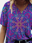Mandala Painting Floral Print Women V Neck T-shirt Top