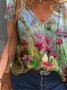 Women V-neck Colorful Flower Painting T-shirt