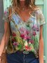 Women V-neck Colorful Flower Painting T-shirt