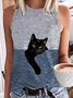 Black Cat Tank Top Cute Animal Sleeveless Crew Neck Shirt Top