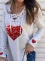 Hollow Love Print Casual V Neck Long Sleeve Tops