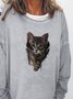 Cat Printed Ladies Round Neck Long Sleeve Polyester Sweatshirts
