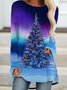 Christmas print round neck long sleeve mini dress