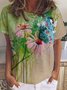 Butterfly Floral Print Crew Neck Short Sleeve T-Shirt