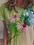 Butterfly Floral Print Crew Neck Short Sleeve T-Shirt