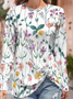 Bee Floral Print Knotted Tie Button-Side Long sleeve tops