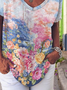 Casual Floral Print V-Neck Short Sleeve T-shirt