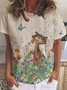 Casual Floral Cat Print Crew Neck Short Sleeve T-Shirt