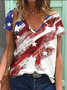 Casual V Neck American Flag Star Printed Abstract T-Shirt