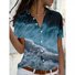 Womens Dark Blue Ocean Water Waves Print Casual Short Sleeve Blouse