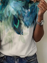 Casual Abstract Feather Print Crew Neck Short Sleeve T-Shirt