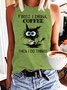 Womens Funny Coffee Letter Black Cat Casual Crew Neck Tanks Top