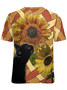 Women Black Cat And Sunflowers Crew Neck Loose T-Shirt