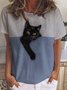 Women Funny Collision Color Basement Cat Loose Simple Crew Neck T-Shirt