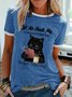 Womens Funny Letter Cute Black Cat Casual T-Shirt