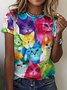 Womens Cute Cat MEOW Print Casual T-Shirt