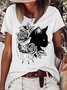 Womens Black Cat Flower Print Casual T-Shirt