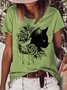 Womens Black Cat Flower Print Casual T-Shirt