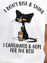 Women Letters Coffee Waterproof Oilproof Stainproof Fabric Loose Cat Crew Neck T-Shirt