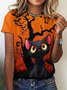 Women Black Cat Simple Halloween Loose T-Shirt