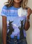 Halloween witch black cat magic full moon seasonal Simple Crew Neck T-Shirt