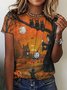 Women Funny Painting Witch Pumpkin Black Cat Halloween Crew Neck Loose T-Shirt