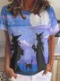 Halloween witch black cat magic full moon seasonal Simple Crew Neck T-Shirt