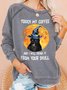 Womens Halloween Black Cat Funny Letters Crew Neck Sweatshirts